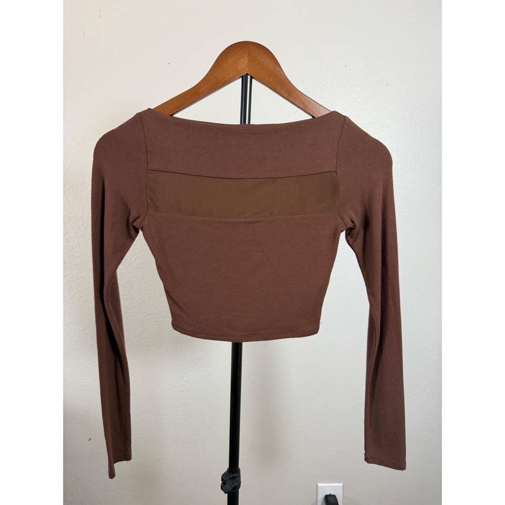 Naked Wardrobe Womens XS Brown Mesh Panel Long Sleeve Crop Top NW-C2068